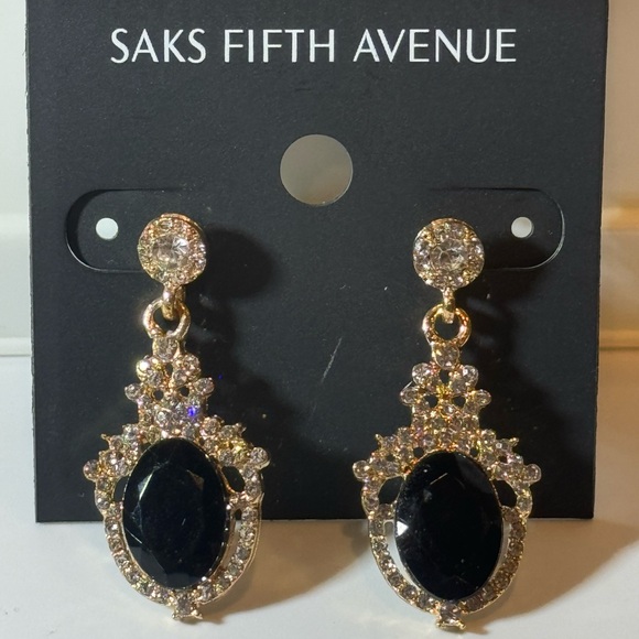 Saks Fifth Ave Gold Tone Black Crystal Post Dangle Earrings - Picture 1 of 6